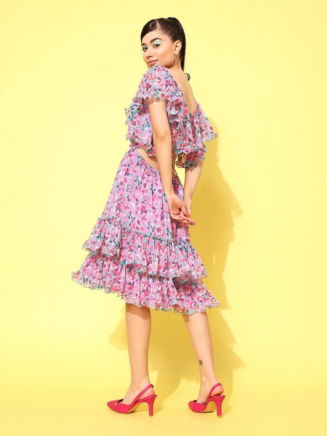Antheaa Floral Print Flared Sleeve Chiffon A-Line Dress - Image 4