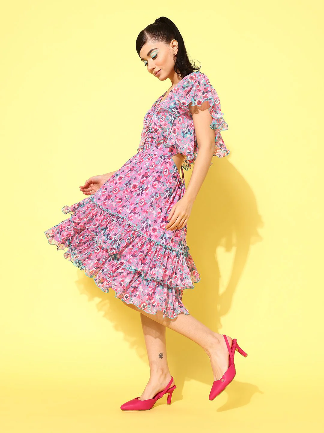 Antheaa Floral Print Flared Sleeve Chiffon A-Line Dress - Image 5