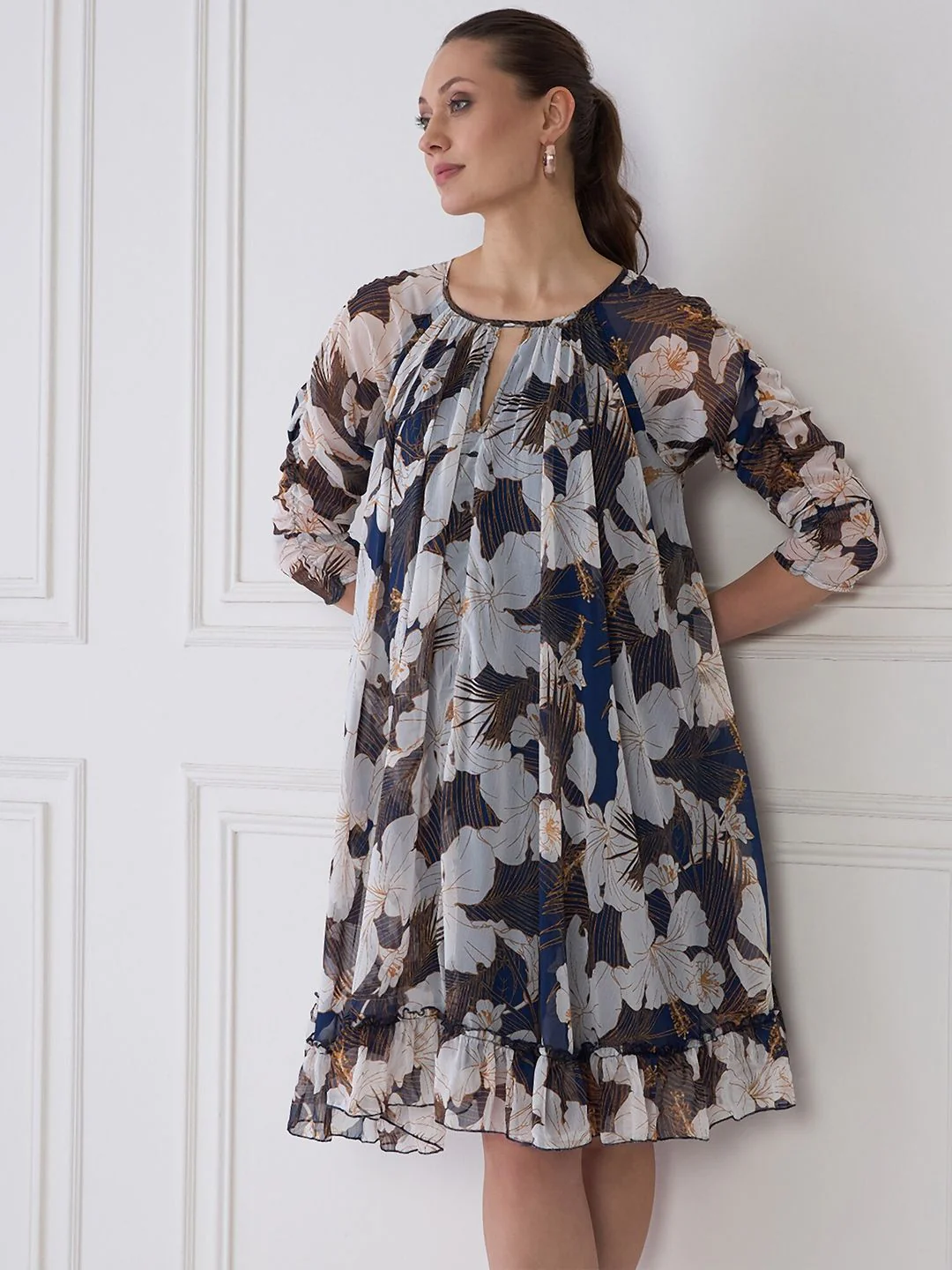 Antheaa Floral Print Keyhole Neck Chiffon Fit & Flare Dress - Image 7
