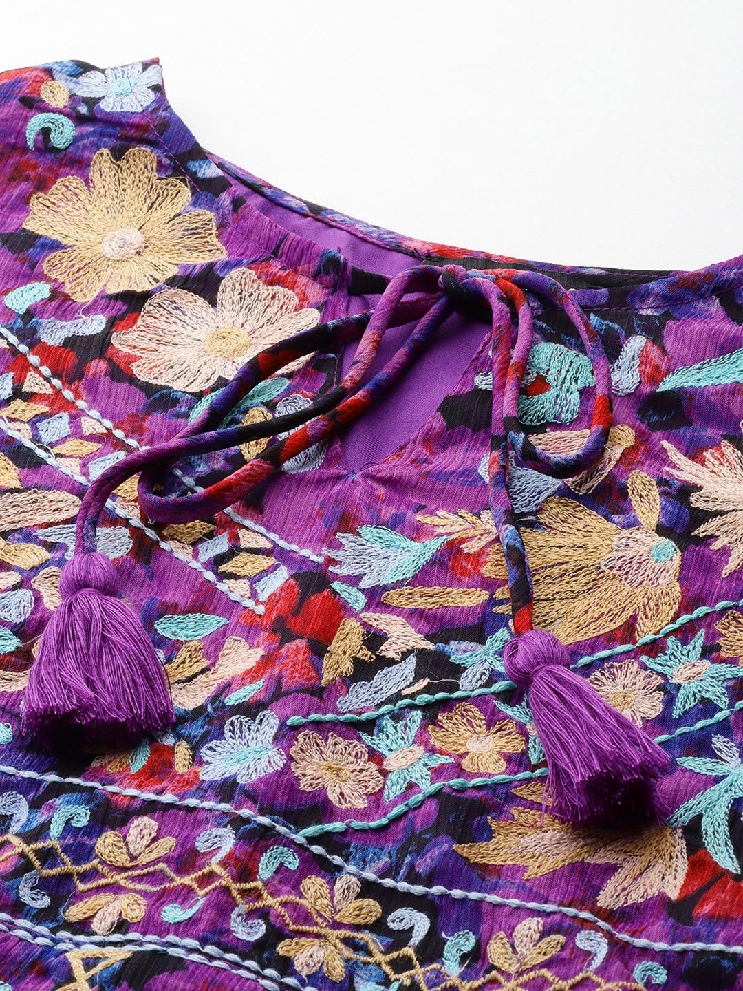 Antheaa Floral Print Tie-Up Neck Puff Sleeve Chiffon A-Line Dress - Image 2