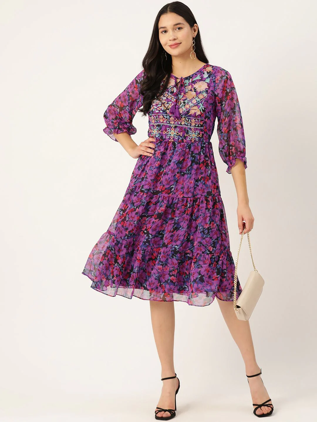Antheaa Floral Print Tie-Up Neck Puff Sleeve Chiffon A-Line Dress - Image 4