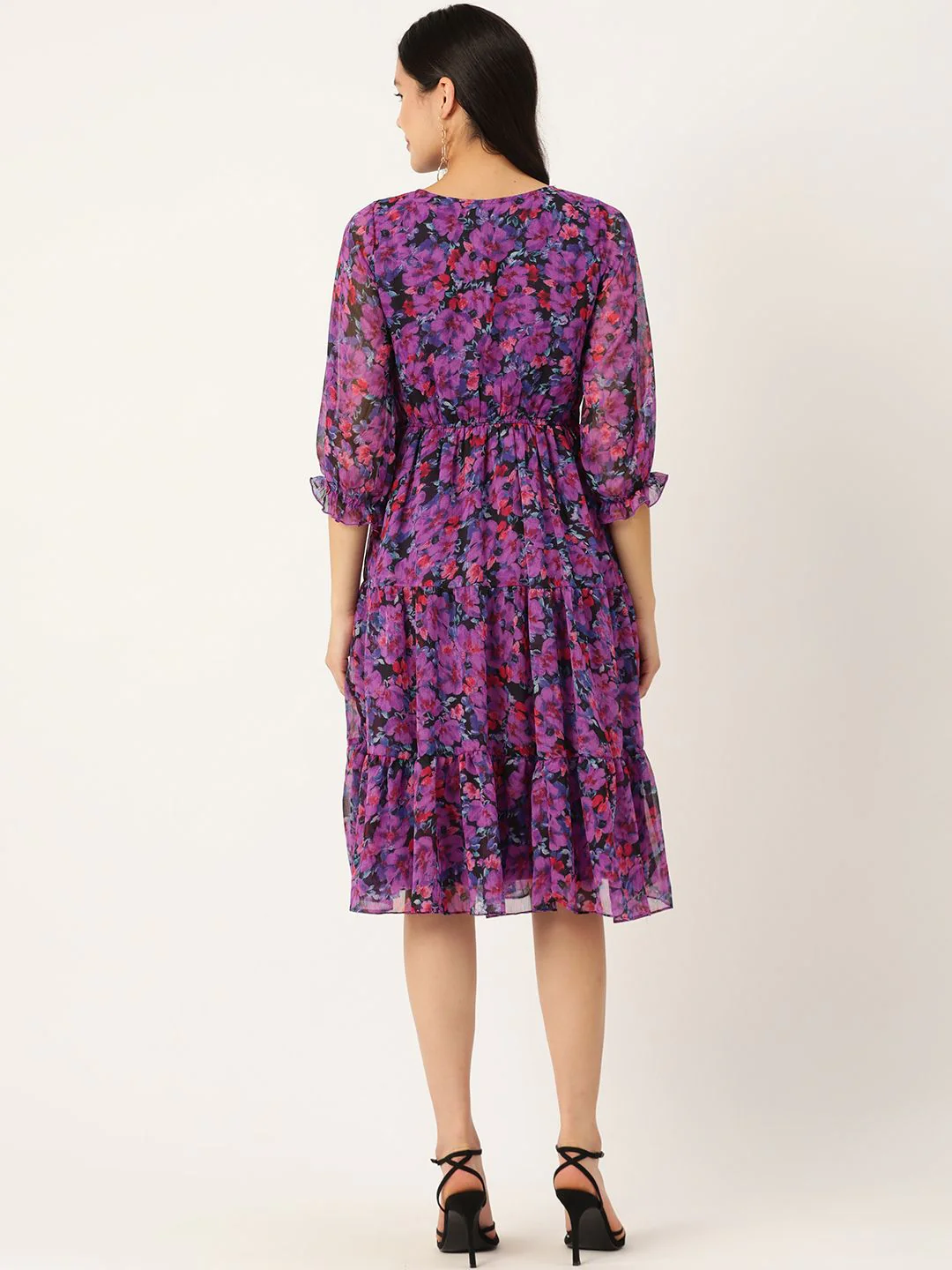 Antheaa Floral Print Tie-Up Neck Puff Sleeve Chiffon A-Line Dress - Image 5