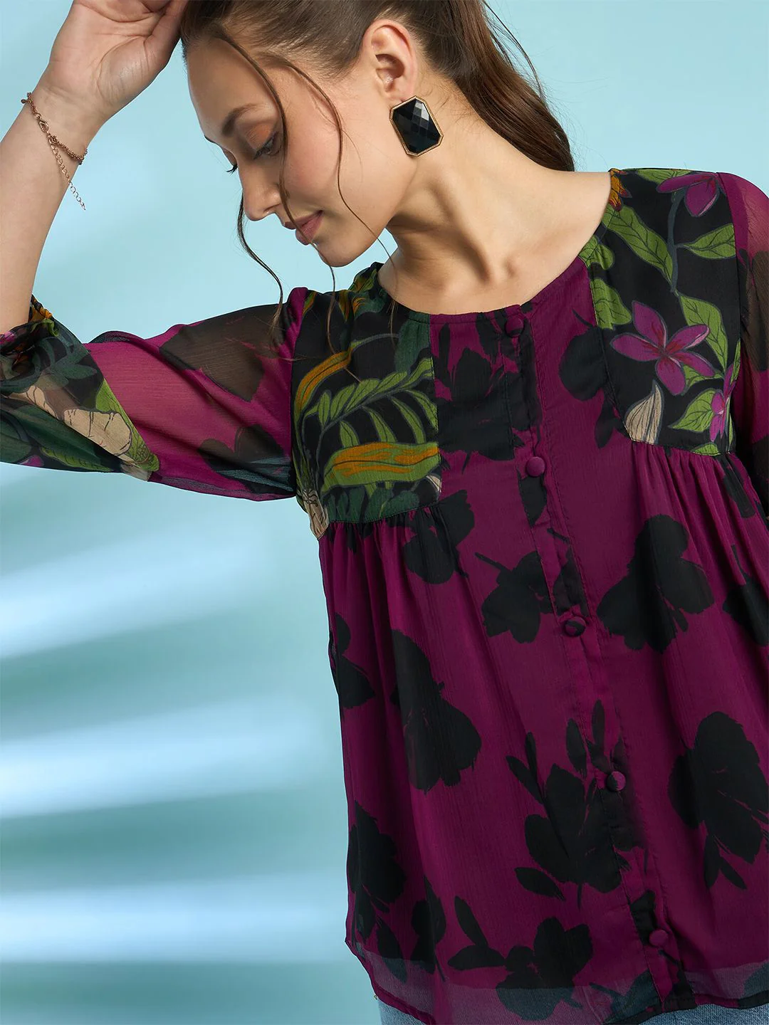 Antheaa Floral Printed Puff Sleeves A-Line Top with Pleated Detail - Image 3