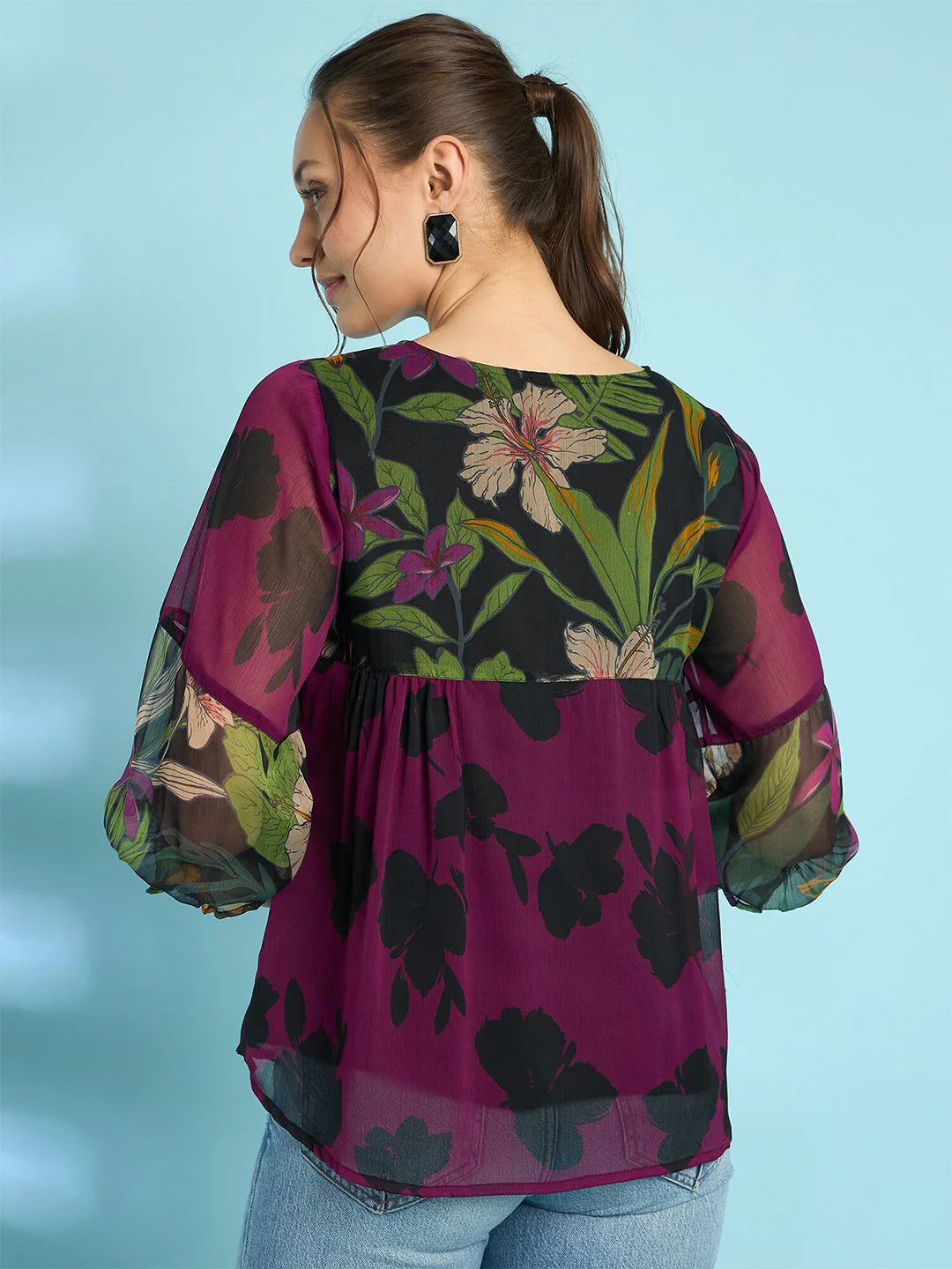 Antheaa Floral Printed Puff Sleeves A-Line Top with Pleated Detail - Image 4