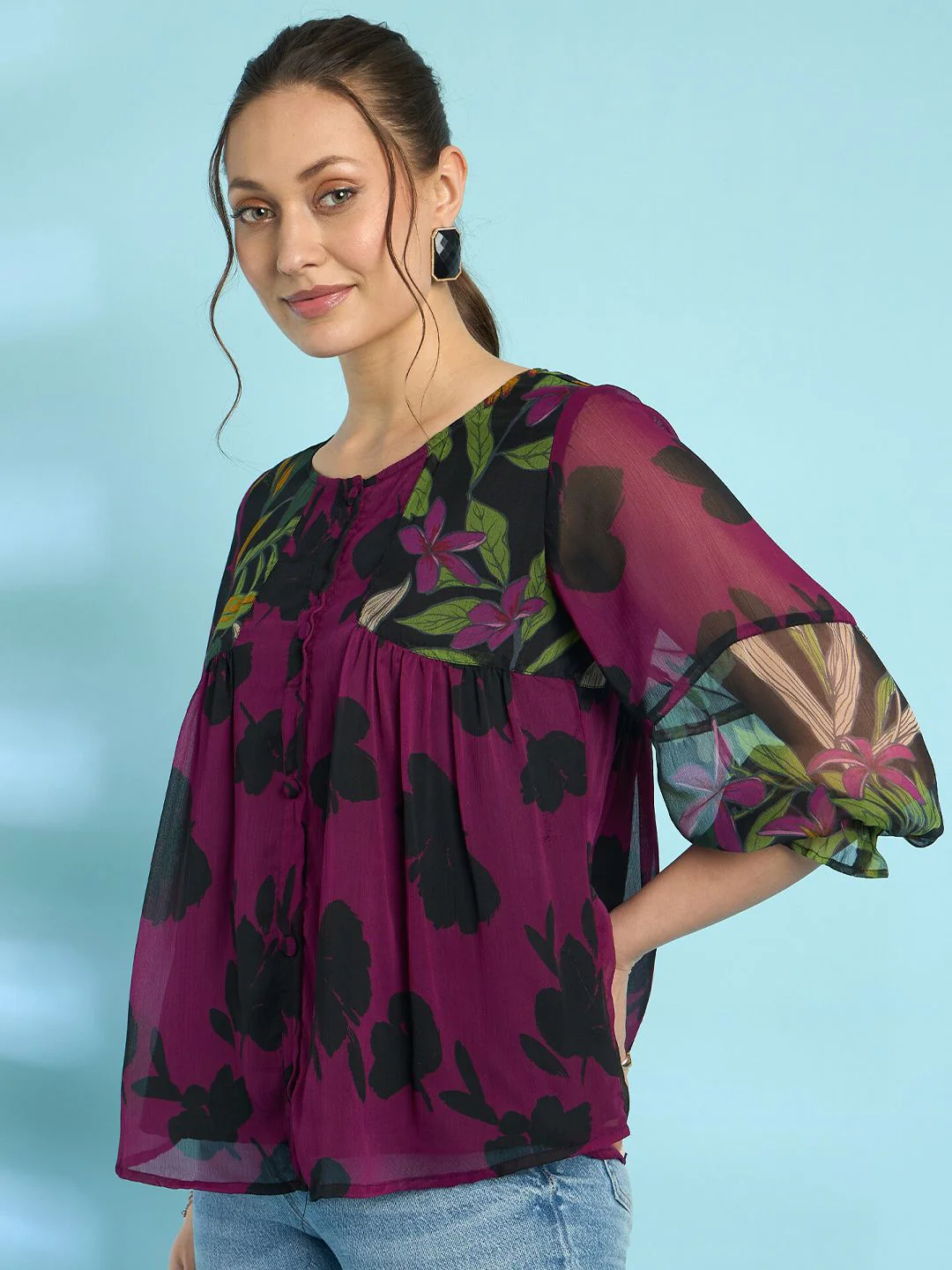 Antheaa Floral Printed Puff Sleeves A-Line Top with Pleated Detail - Image 5