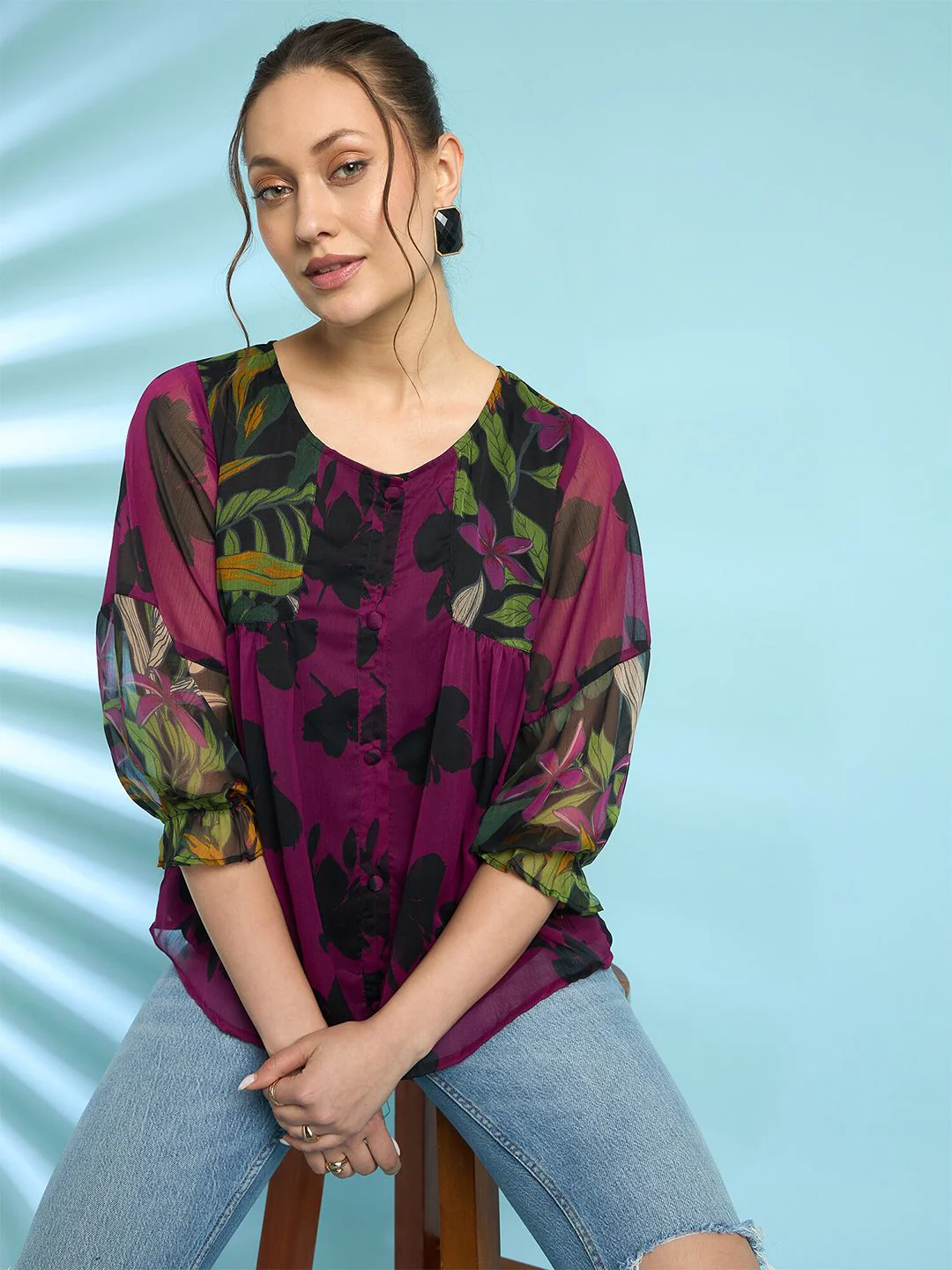 Antheaa Floral Printed Puff Sleeves A-Line Top with Pleated Detail - Image 7