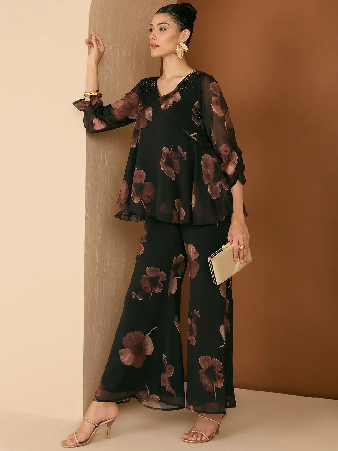 Antheaa Floral Printed Embellished V-Neck Top With Palazzos Co-Ords - Image 7