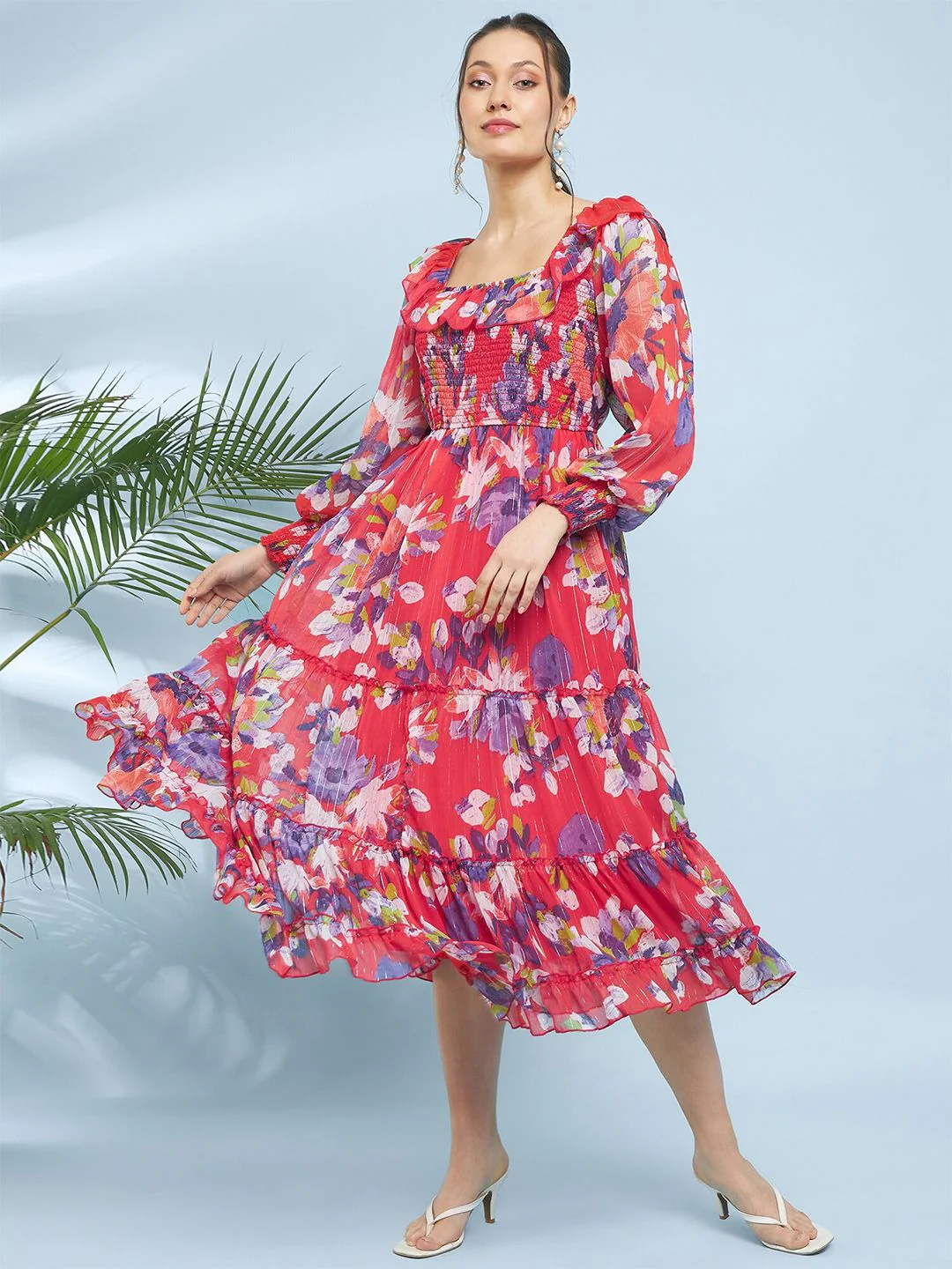 Antheaa Floral Printed Puff Sleeve Chiffon A-Line Midi Dress - Image 2