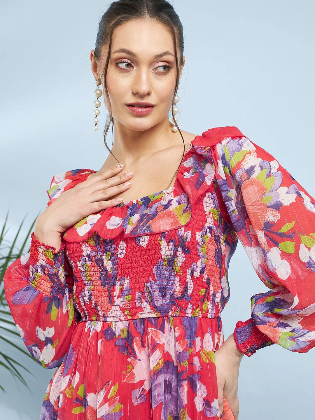 Antheaa Floral Printed Puff Sleeve Chiffon A-Line Midi Dress - Image 3