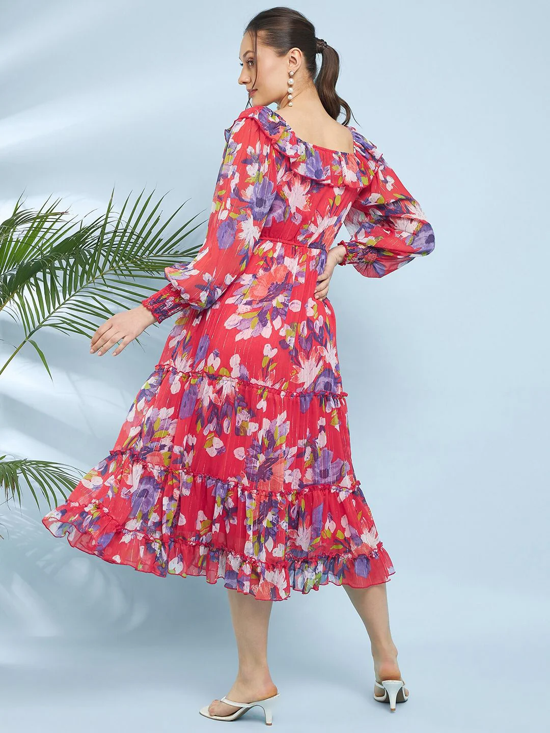 Antheaa Floral Printed Puff Sleeve Chiffon A-Line Midi Dress - Image 4