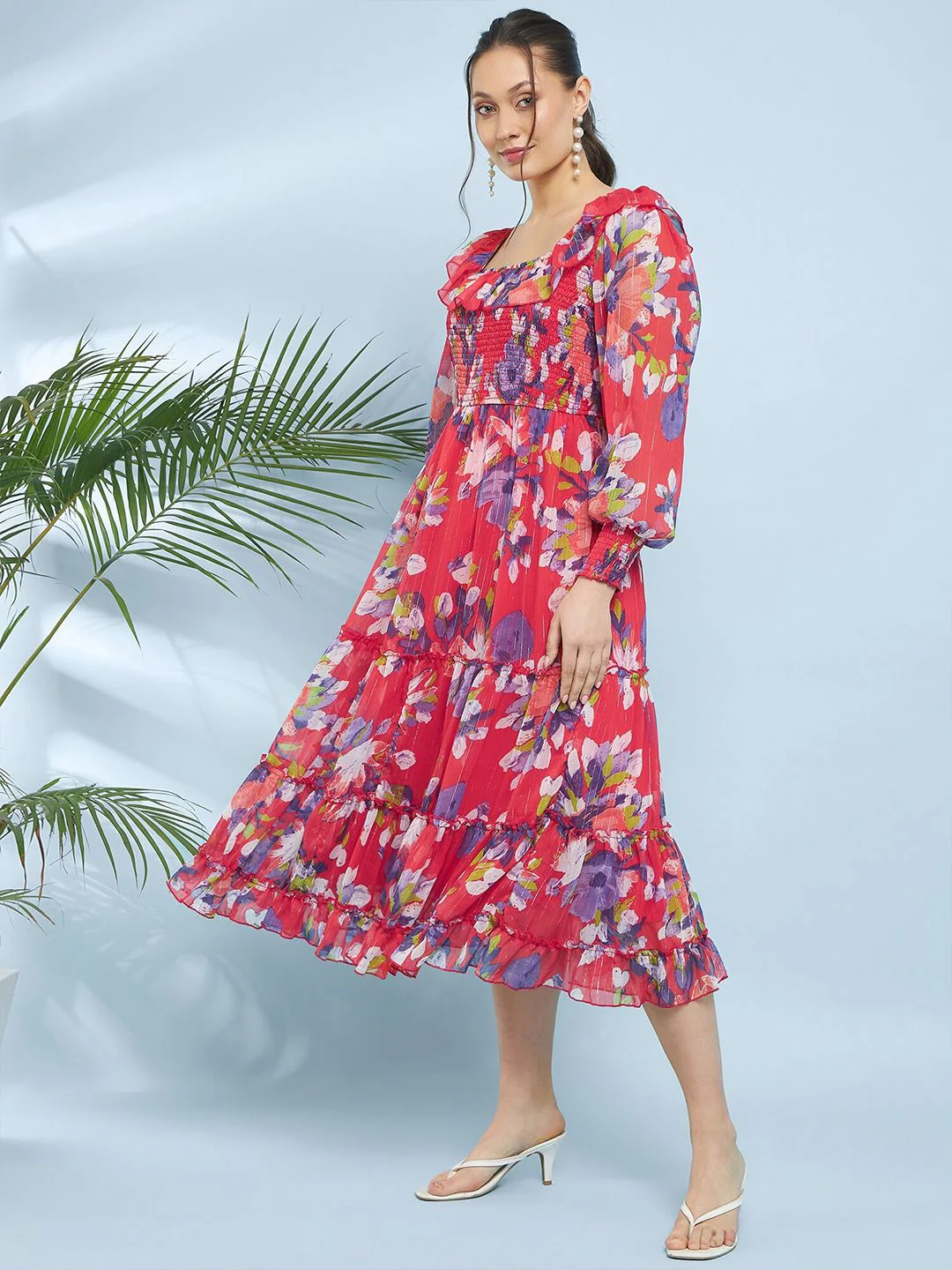 Antheaa Floral Printed Puff Sleeve Chiffon A-Line Midi Dress - Image 5