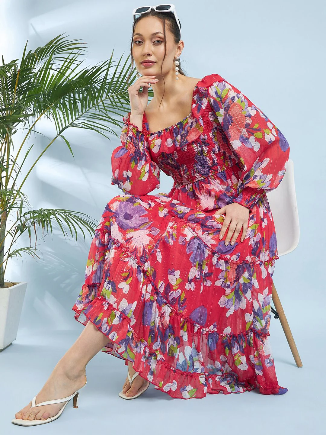 Antheaa Floral Printed Puff Sleeve Chiffon A-Line Midi Dress - Image 7