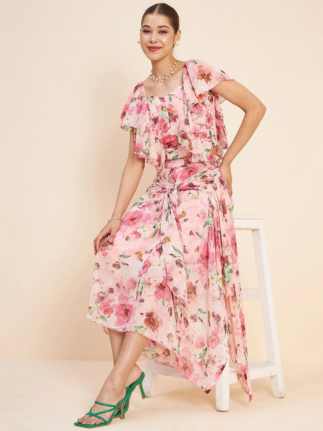 Antheaa Floral Printed Ruffled Crop Top & Skirt - Image 7