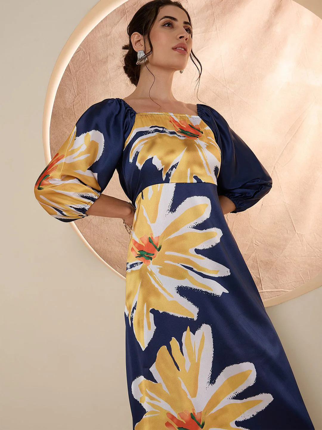 Antheaa Floral Printed Satin A-Line Midi Dress - Image 2