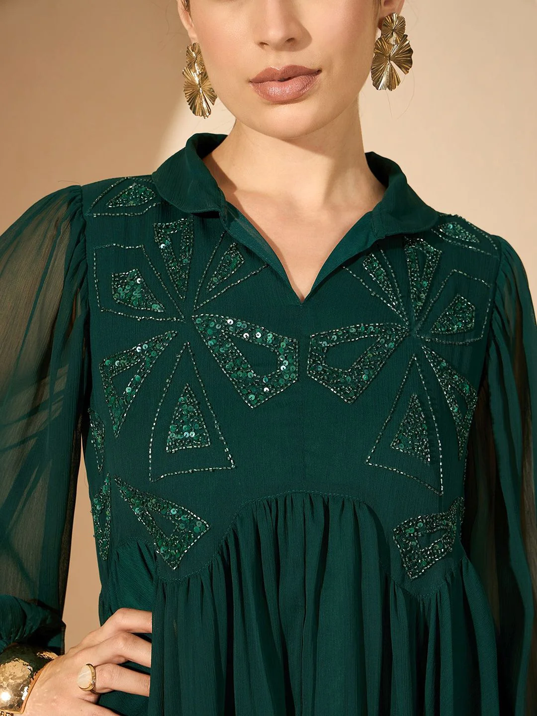 Antheaa Green Embellished Shirt Collar Tunic & Trousers - Image 2