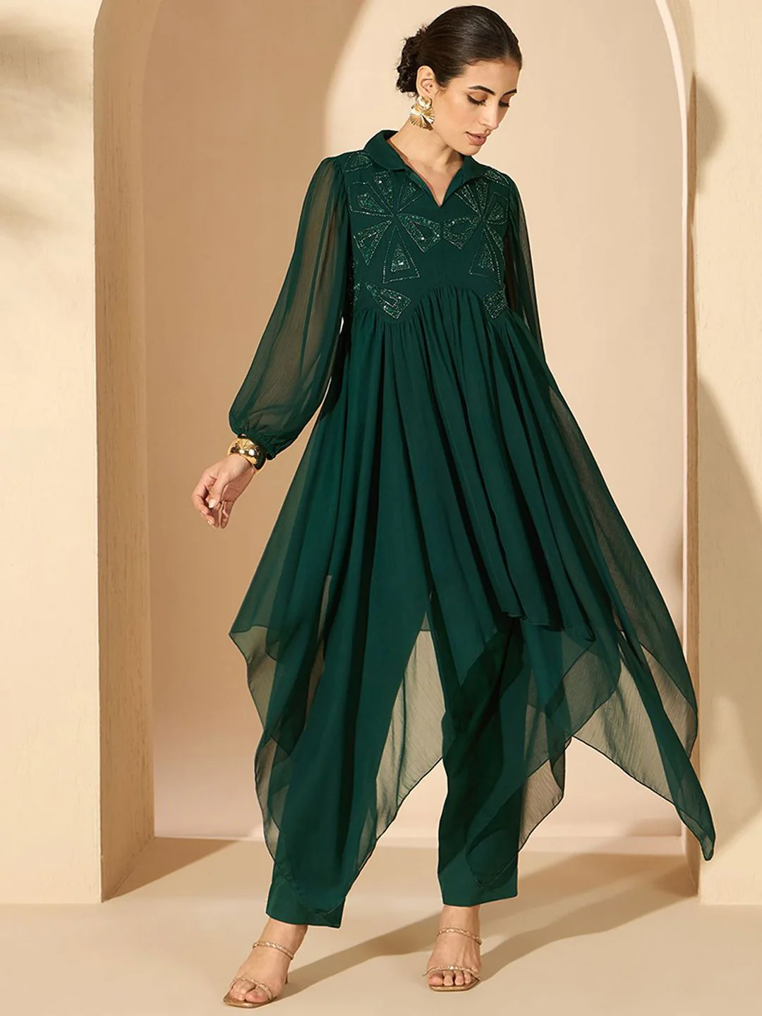 Antheaa Green Embellished Shirt Collar Tunic & Trousers - Image 3