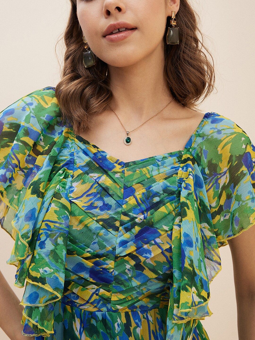 Antheaa Green Floral Print Flutter Sleeve Chiffon Fit & Flare Dress - Image 2