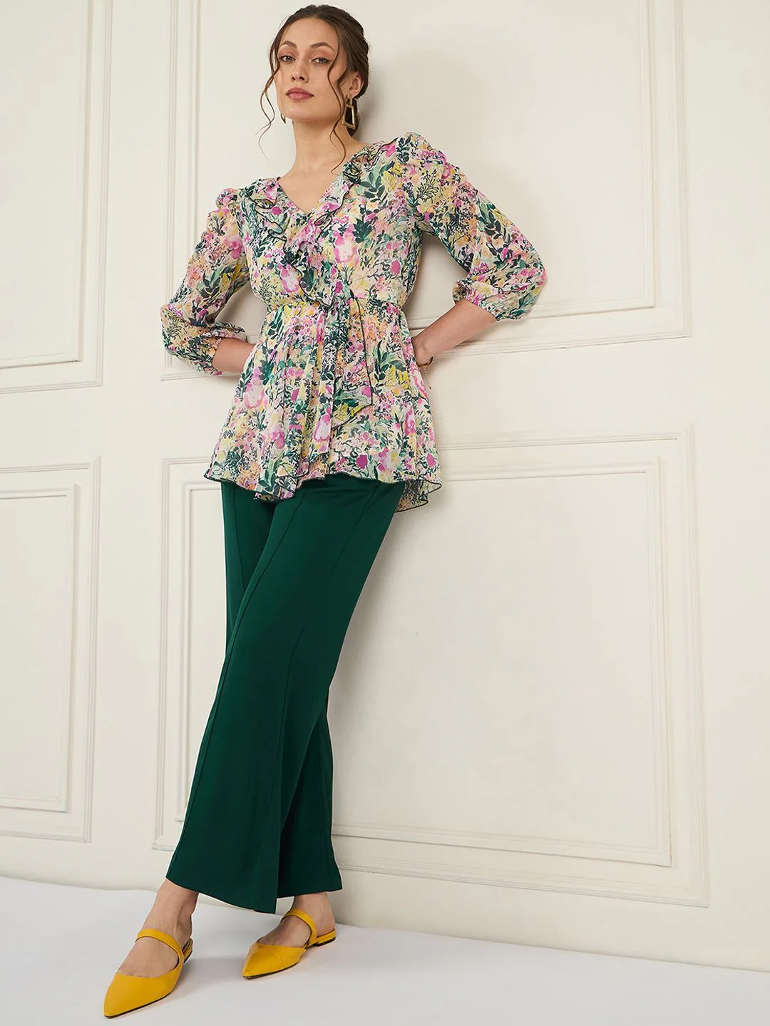 Antheaa Green Floral Printed Puff Sleeves Ruffled Top With Trouser - Image 6