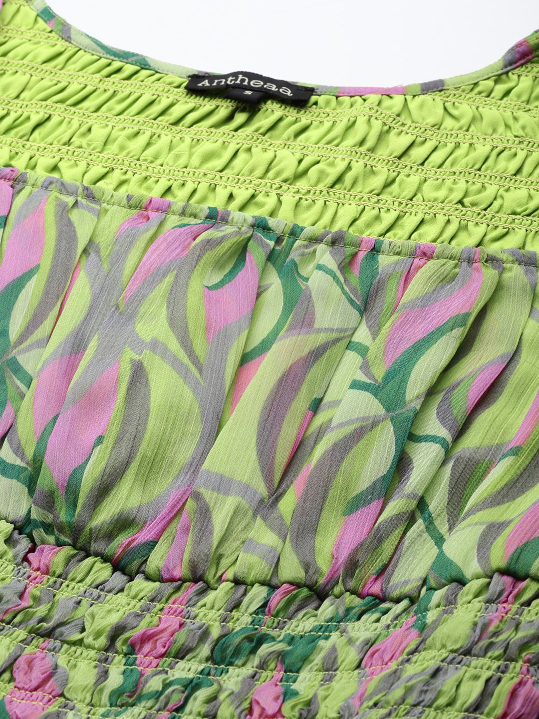 Antheaa Green & Pink Chiffon Geometric Print Tiered Dress - Image 2