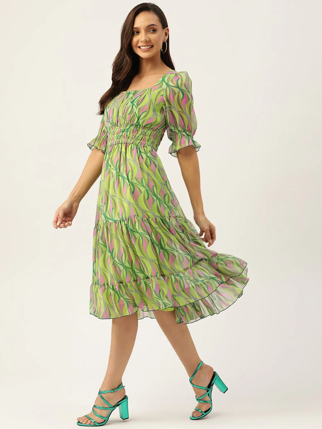 Antheaa Green & Pink Chiffon Geometric Print Tiered Dress - Image 3