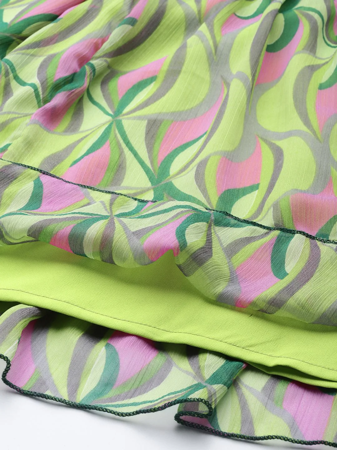 Antheaa Green & Pink Chiffon Geometric Print Tiered Dress - Image 6