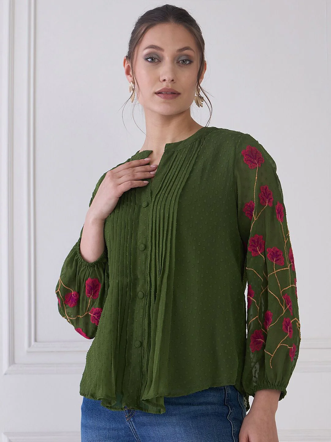 Antheaa Green Self Design Mandarin Collar Puff Sleeves Embroidered Chiffon Shirt Style Top - Image 3