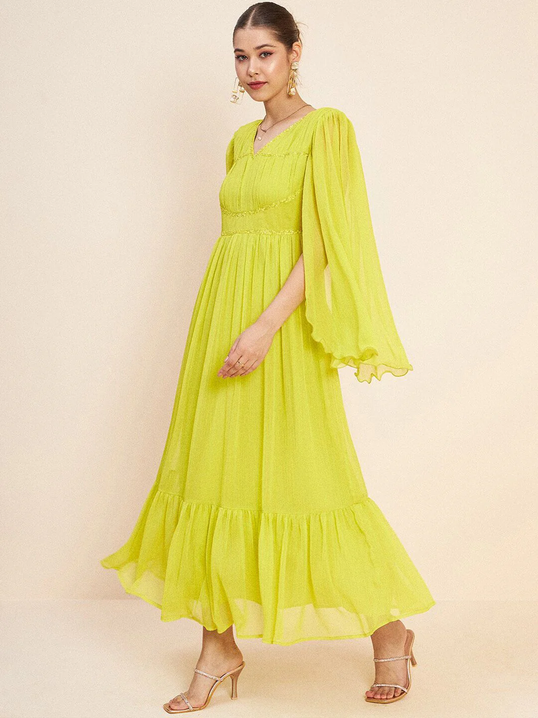 Antheaa Green V-Neck Slit Sleeves Embellished Detail Maxi Dress - Image 3