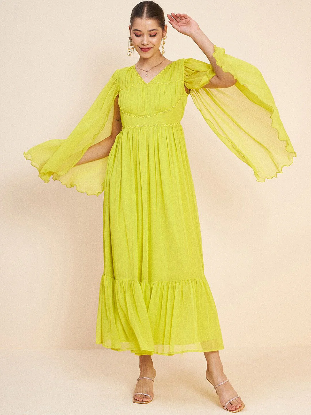 Antheaa Green V-Neck Slit Sleeves Embellished Detail Maxi Dress - Image 4