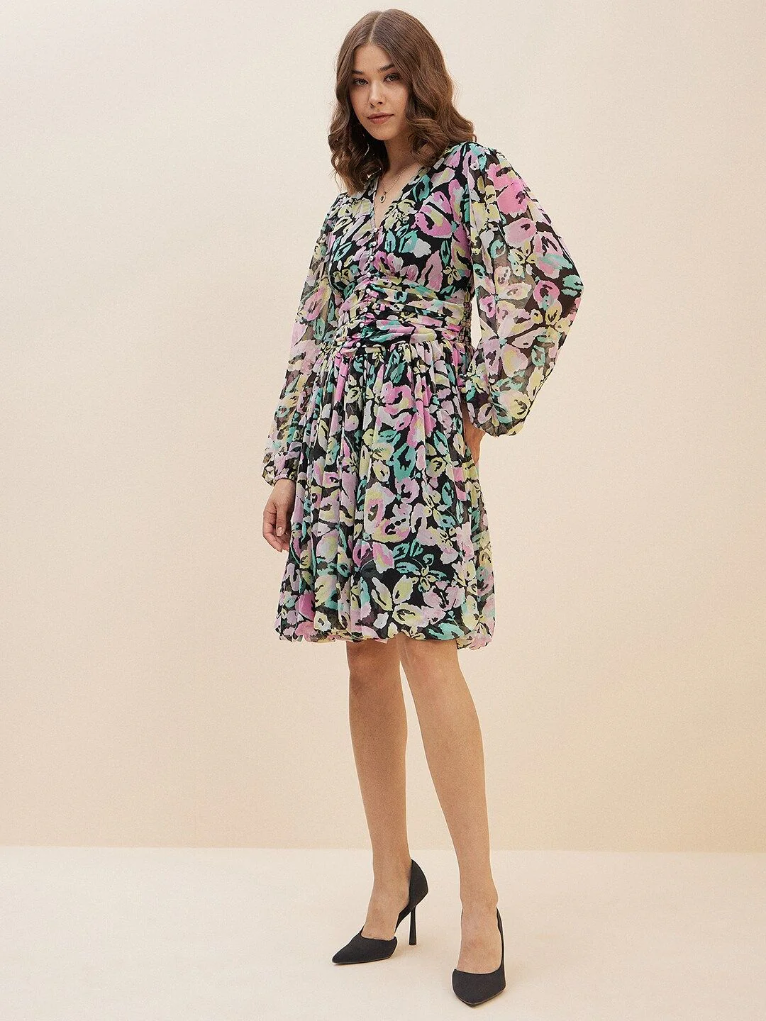 Antheaa Multicoloured Floral Print Chiffon Fit & Flare Dress - Image 3