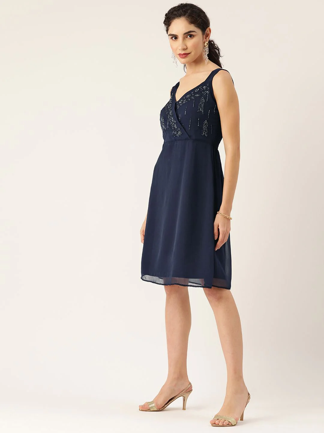 Antheaa Navy Blue Georgette Embellished Wrap Dress - Image 3