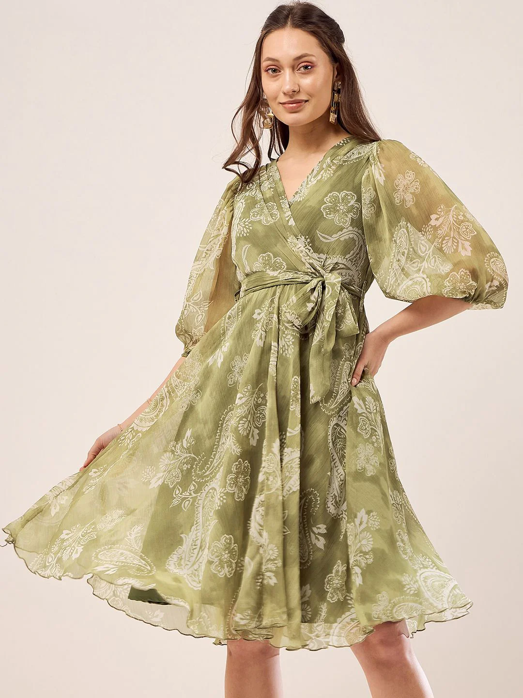 Antheaa Olive Green Floral Printed V-Neck Puff Sleeve Chiffon Wrap Dress - Image 2