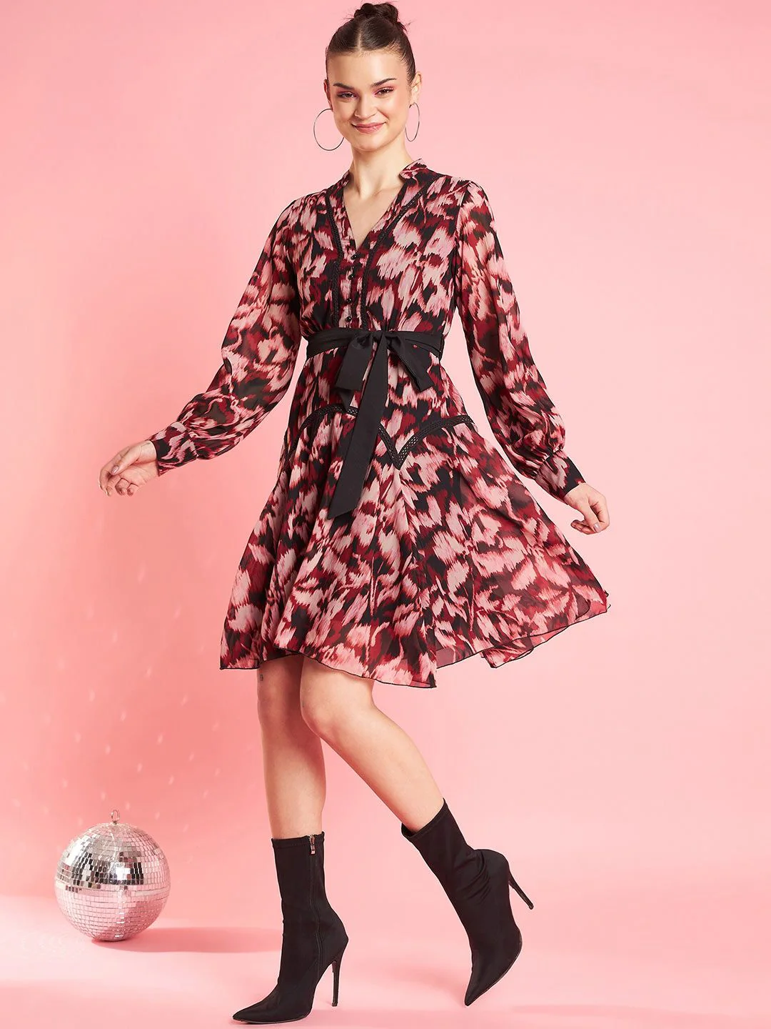 Antheaa Abstract Printed Flared Sleeve A-Line Opaque Party Dress - Image 3