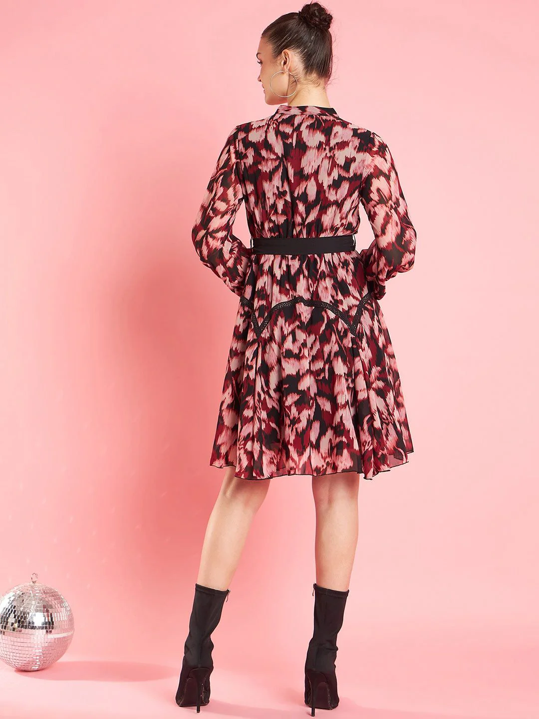 Antheaa Abstract Printed Flared Sleeve A-Line Opaque Party Dress - Image 5