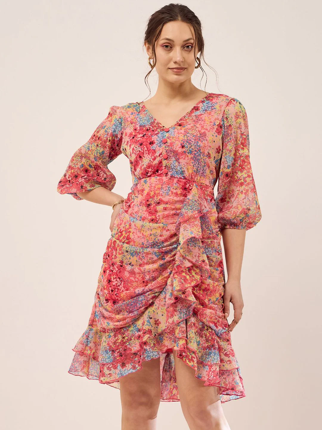 Antheaa Peach Floral Print V-Neck Puff Sleeve Layered Chiffon Wrap Dress - Image 2