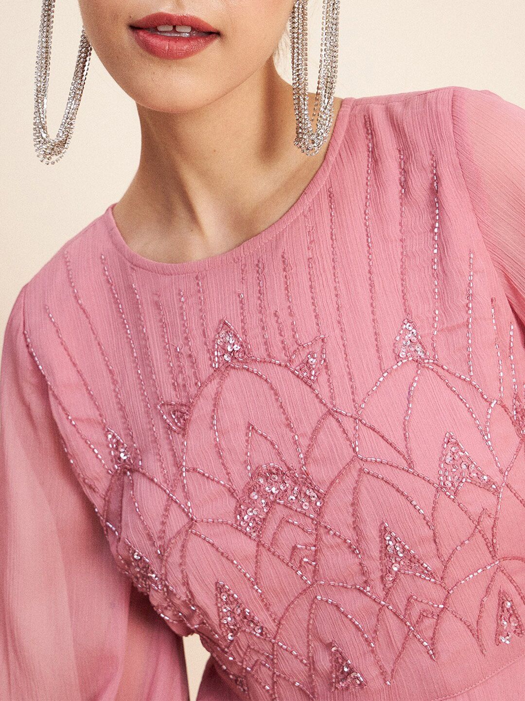 Antheaa Pink Embellished Puff Sleeves Gathered Fit & Flare Midi Dress - Image 2