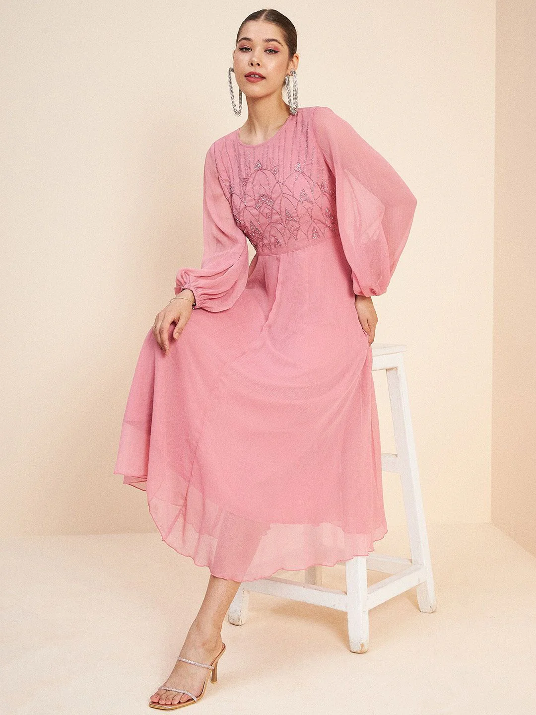 Antheaa Pink Embellished Puff Sleeves Gathered Fit & Flare Midi Dress - Image 6