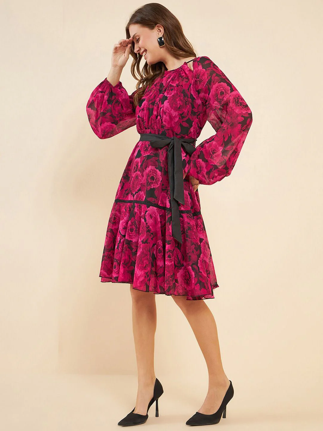 Antheaa Pink Floral Printed Puff Sleeves Gathered Detailed Chiffon Fit & Flare Dress - Image 3
