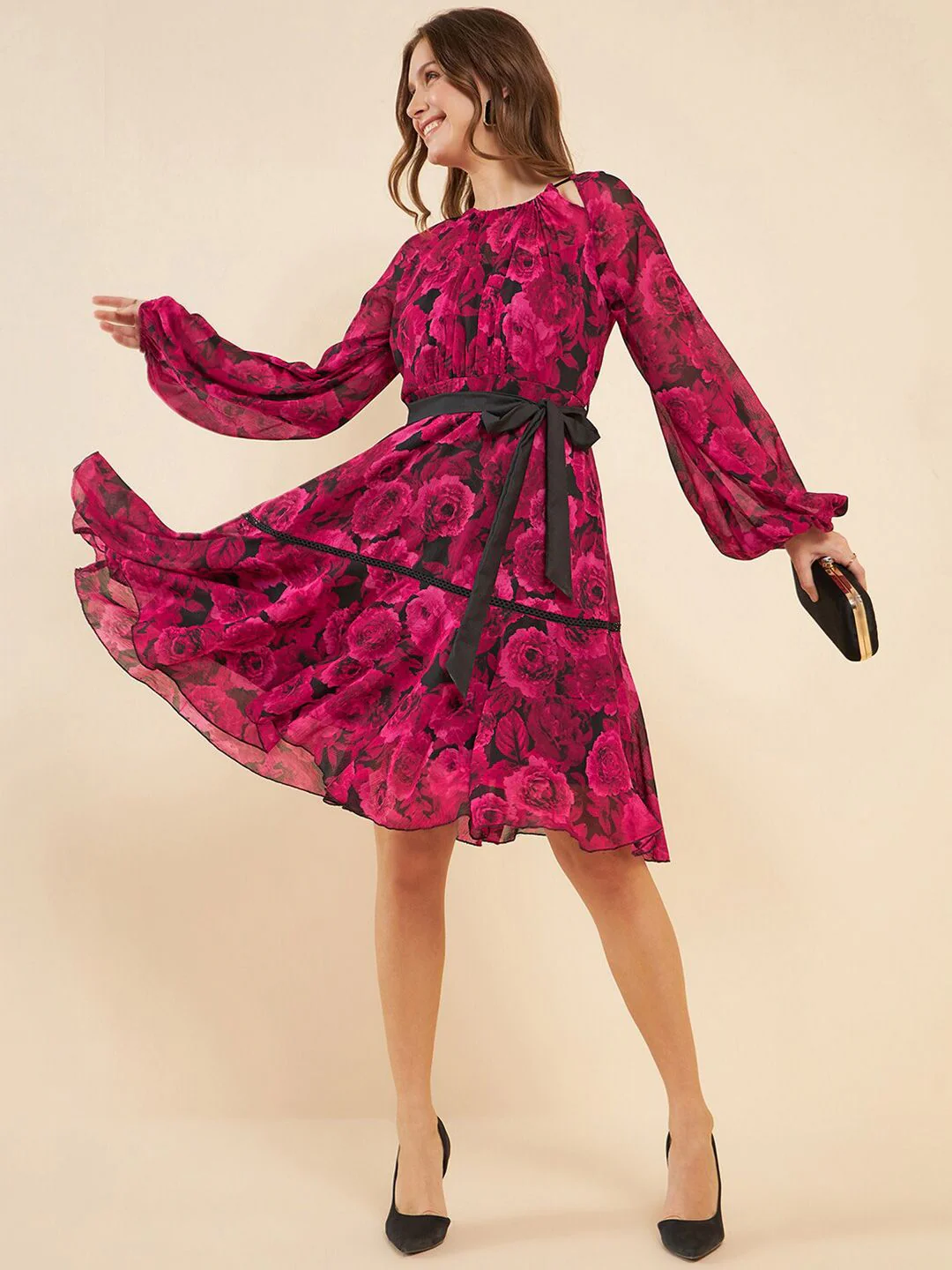 Antheaa Pink Floral Printed Puff Sleeves Gathered Detailed Chiffon Fit & Flare Dress - Image 4