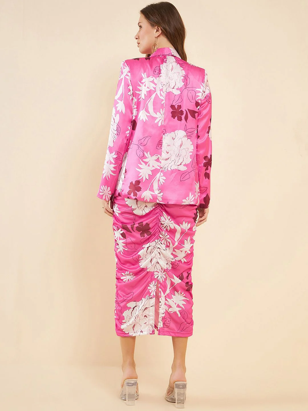 Antheaa Pink Floral Printed Shoulder Straps Gathered Ruched Sheath Midi Dress & Blazer - Image 5