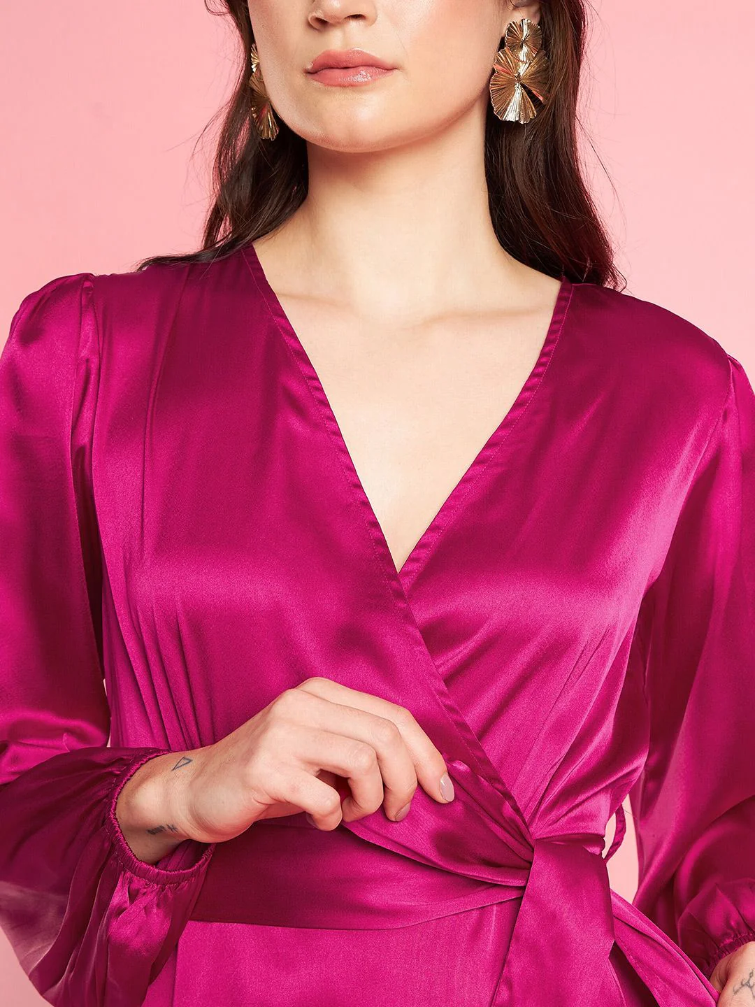 Antheaa Pink Puff Sleeve Layered Satin Wrap Midi Opaque Party Dress - Image 2