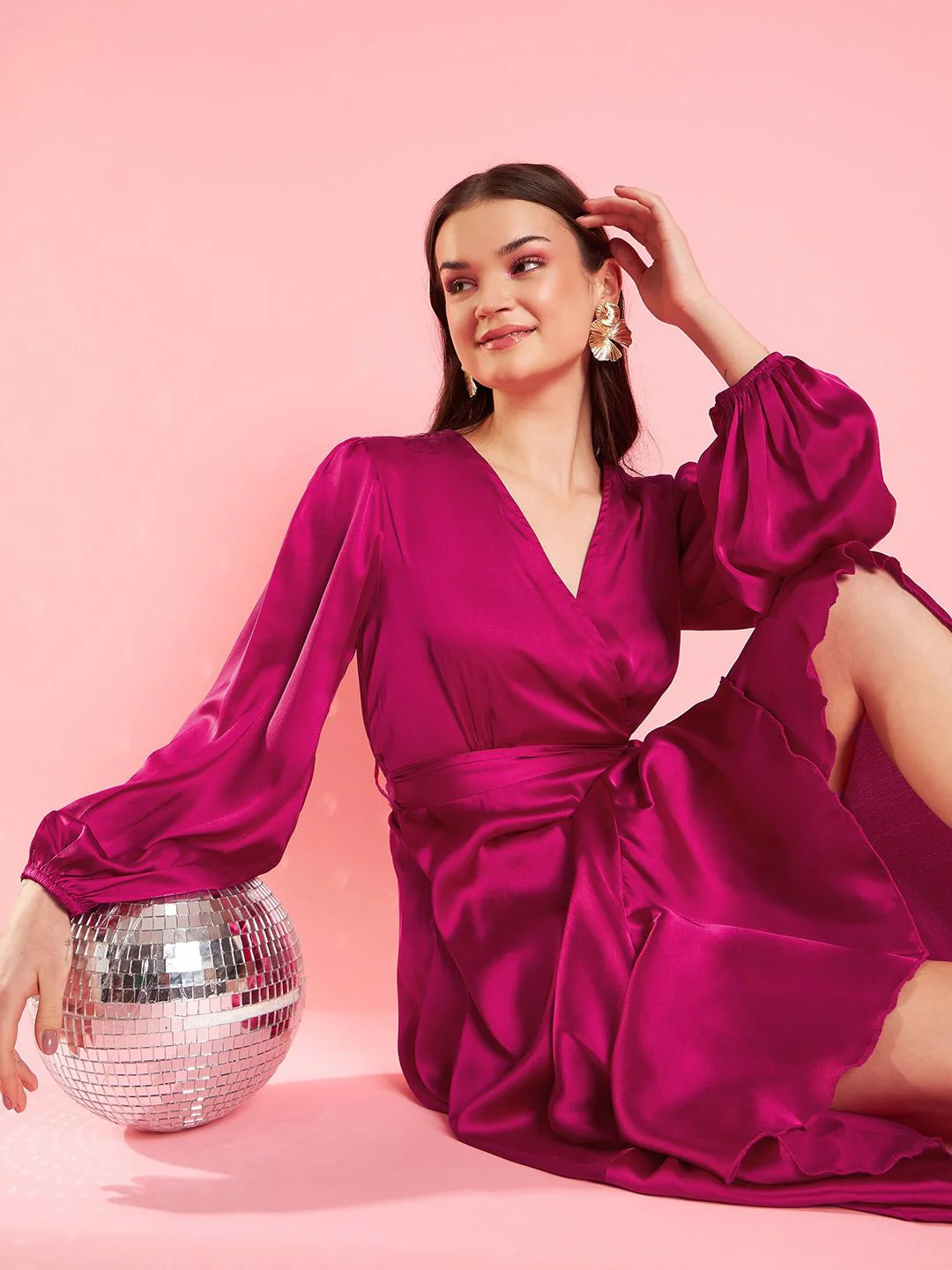Antheaa Pink Puff Sleeve Layered Satin Wrap Midi Opaque Party Dress - Image 6