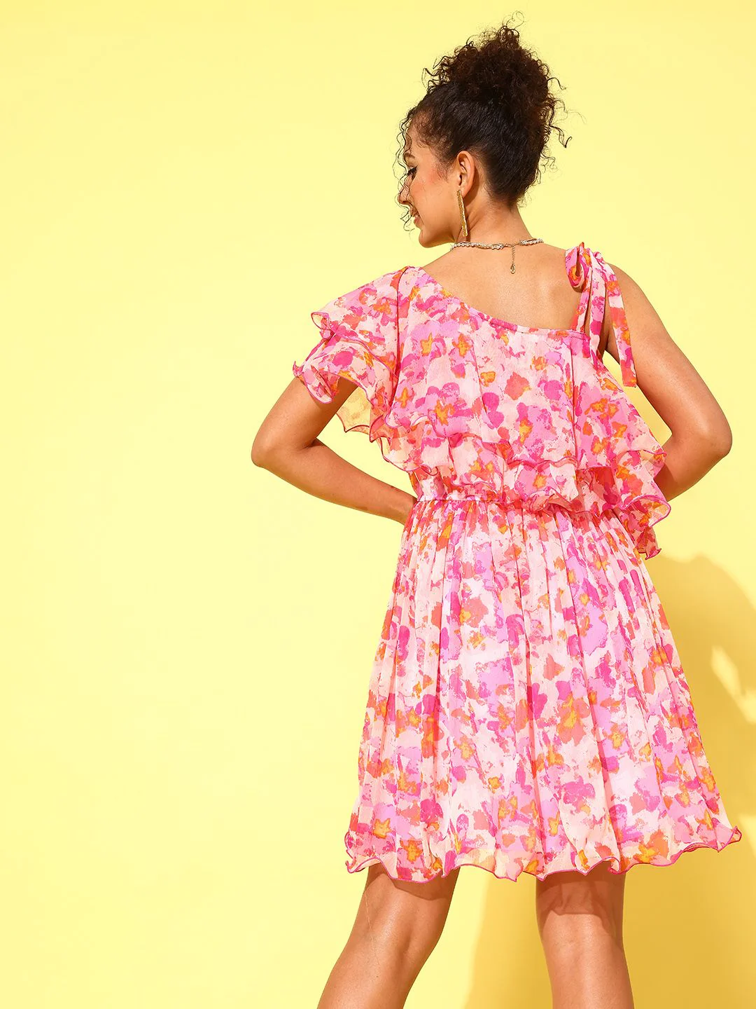 Antheaa Pink & White Print One Shoulder Flared Sleeve Ruffled Chiffon A-Line Dress - Image 5