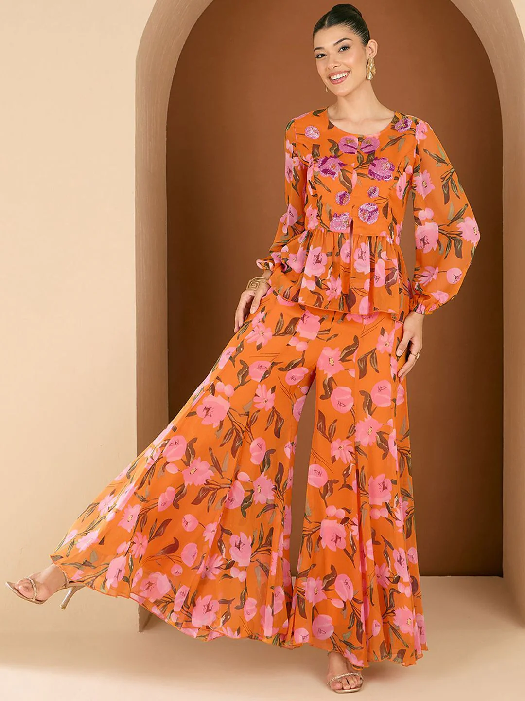 Antheaa Printed Embellished Round Neck Top With Palazzos - Image 6