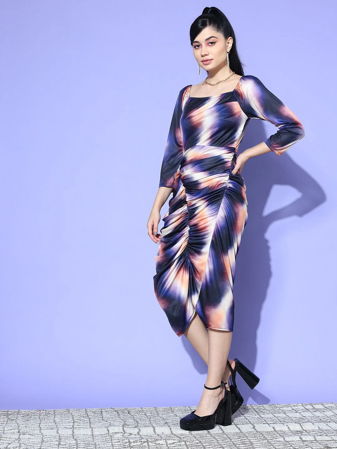 Antheaa Printed Puff Sleeve Sheath Midi Dress - Image 3