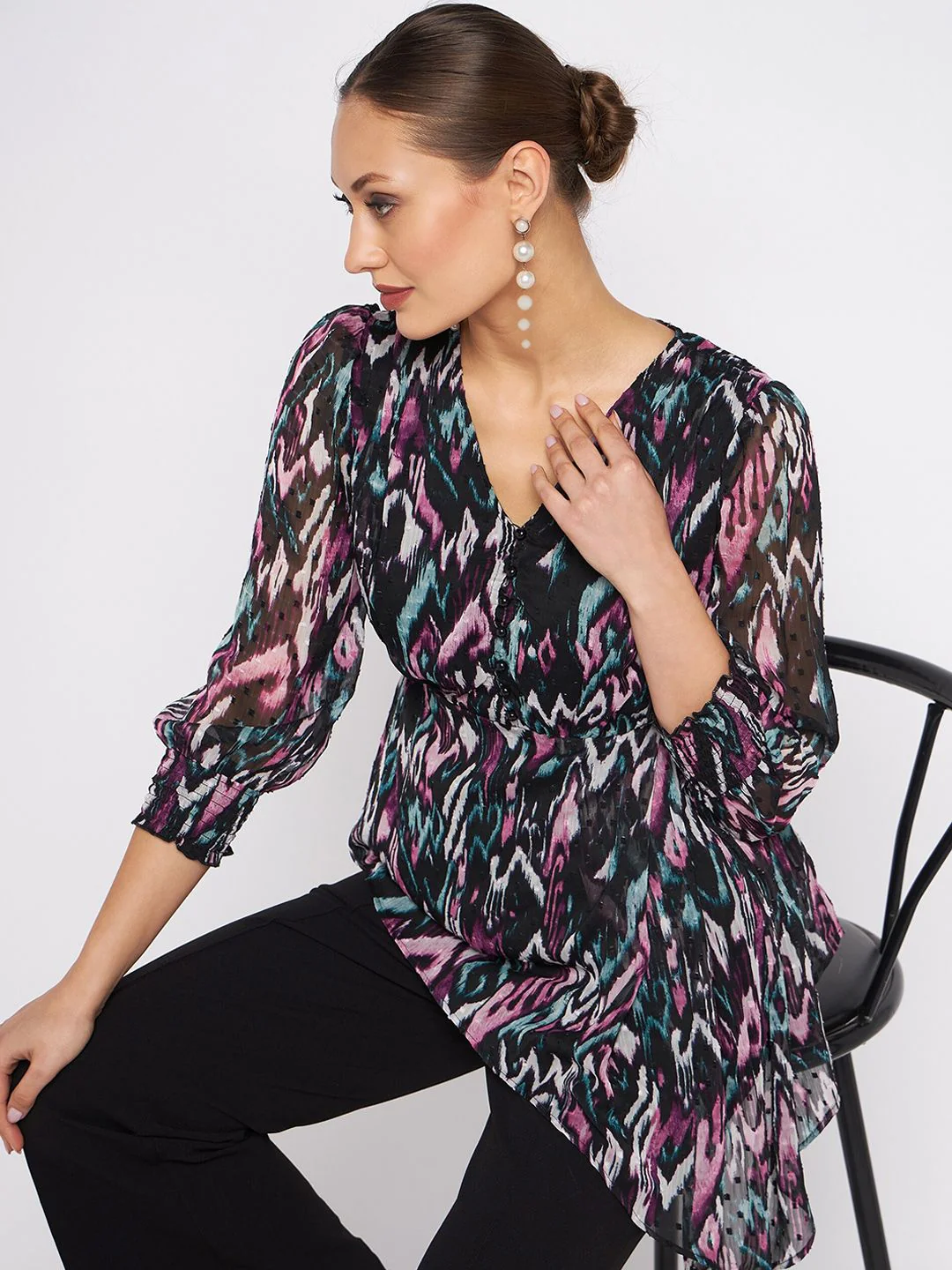 Antheaa Printed V-Neck Collar Top With Flared Trouser Co-Ords Set - Image 2