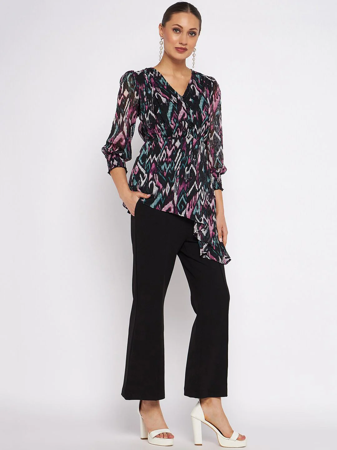 Antheaa Printed V-Neck Collar Top With Flared Trouser Co-Ords Set - Image 4