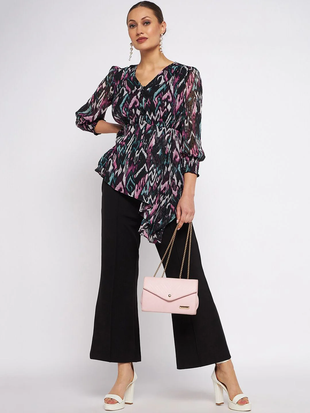 Antheaa Printed V-Neck Collar Top With Flared Trouser Co-Ords Set - Image 5