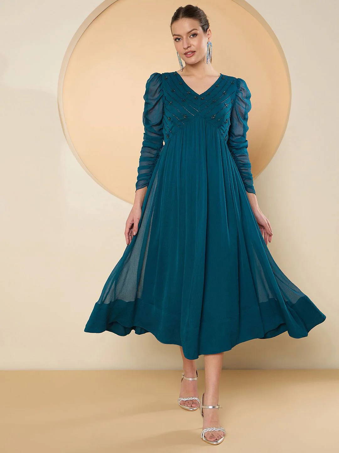 Antheaa Puff Sleeve Chiffon Embellished A-Line Midi Dress - Image 6