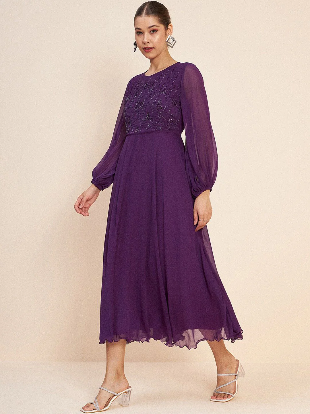 Antheaa Purple Embellished Puff Sleeves Gathered Fit & Flare Midi Dress - Image 3