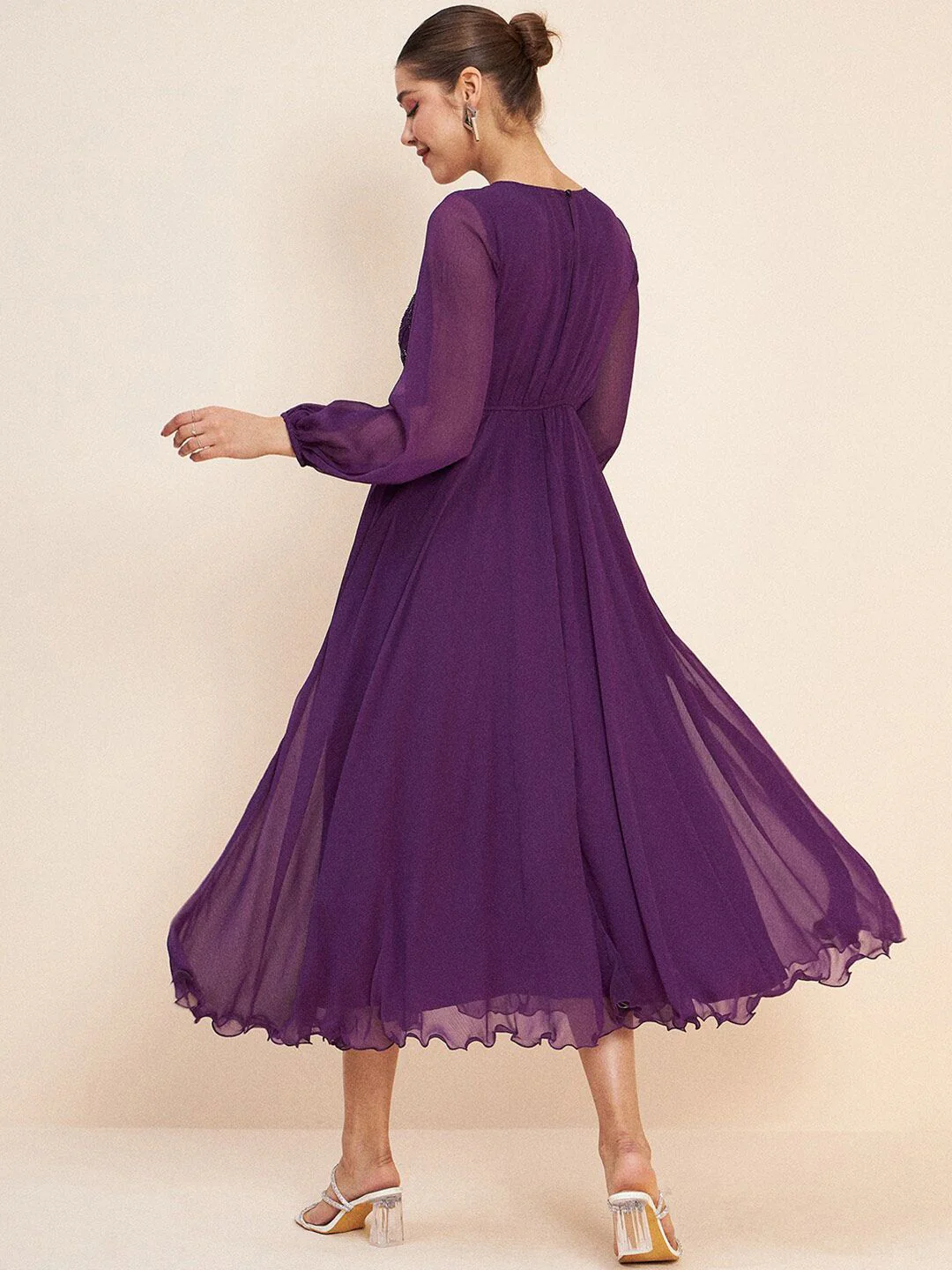 Antheaa Purple Embellished Puff Sleeves Gathered Fit & Flare Midi Dress - Image 5